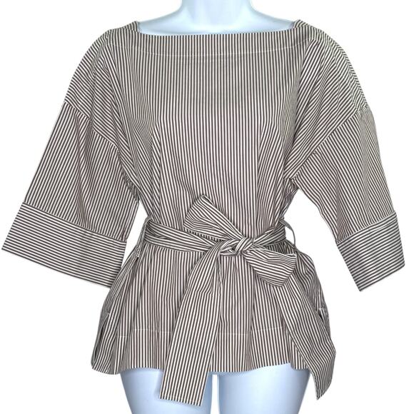 EVERLANE S Belted Poplin Block Sleeve Shirt Striped Taupe White Crisp Classic - Picture 1 of 10